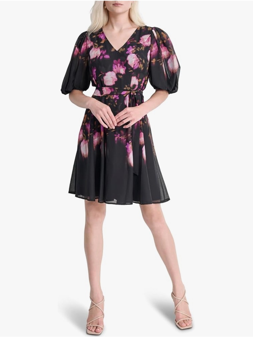 DKNY Women’s Short Balloon Sleeve Surplice Neck Faux Wrap Dress – Size 0 – NWT